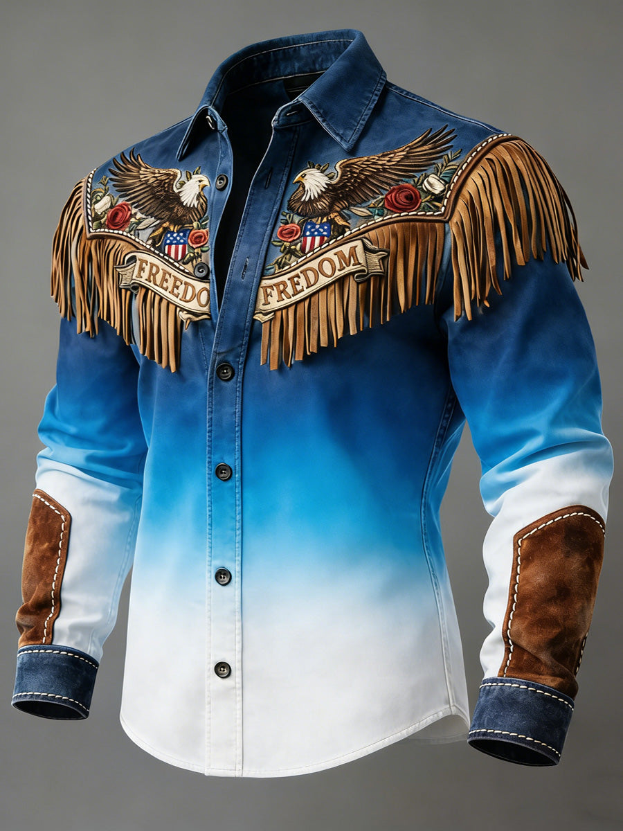 Men's Retro Western USA Flag Business Style Art Print Vintage Tassel Casual Long Sleeve Shirt